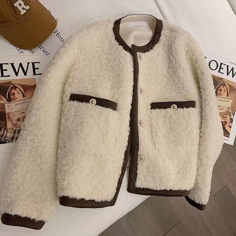 Round Neck Contrast Trim Fleece Button Jacket Product Image