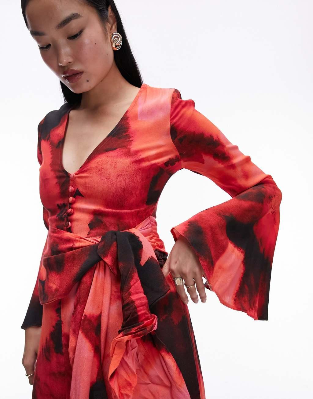 Topshop button down V-neck tie front midi dress Product Image