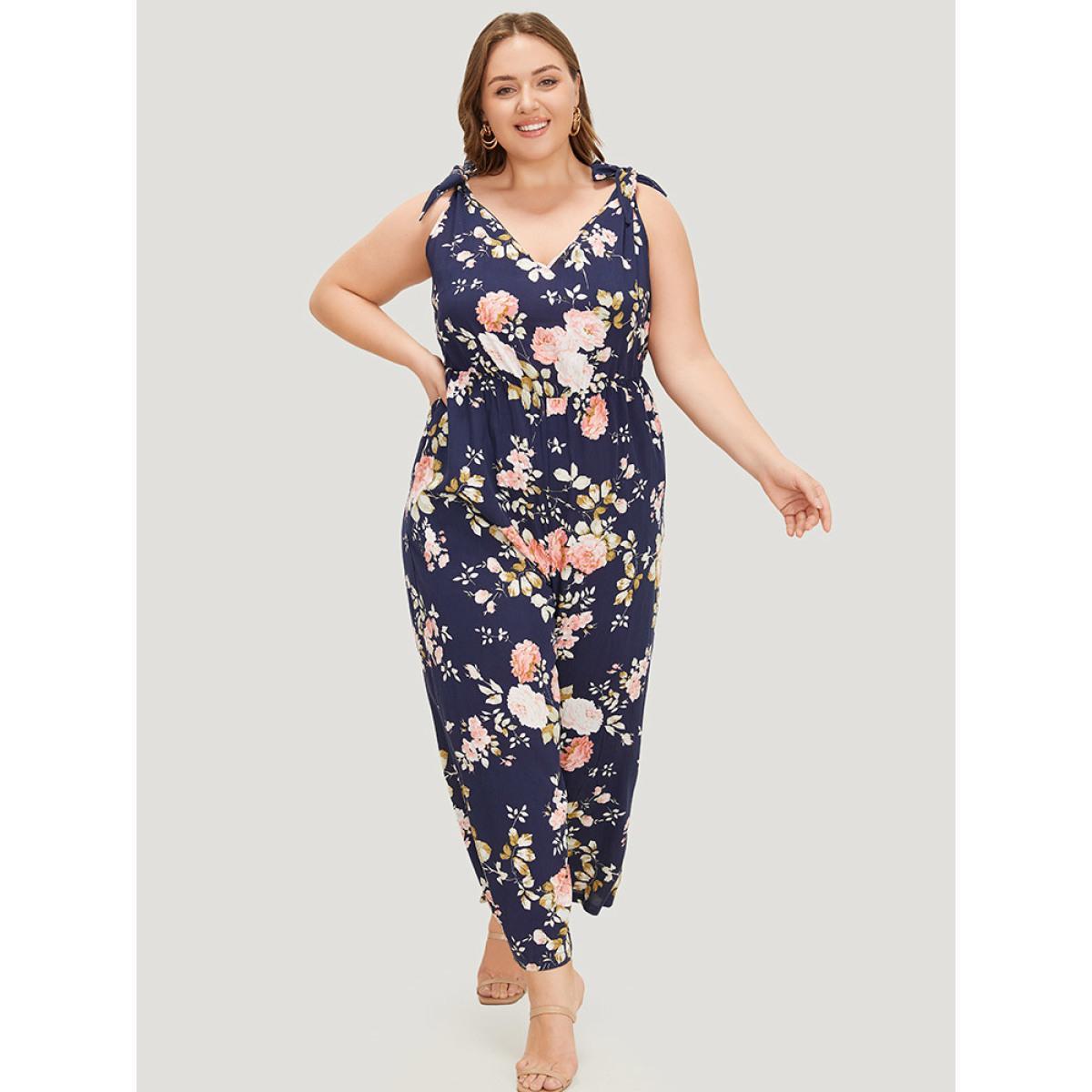 Plus Size DarkBlue Floral Belt Pocket Knot Shoulder Jumpsuit Women Elegant Sleeveless Spaghetti Strap Dailywear Loose Jumpsuits BloomChic 22-24/3X Product Image