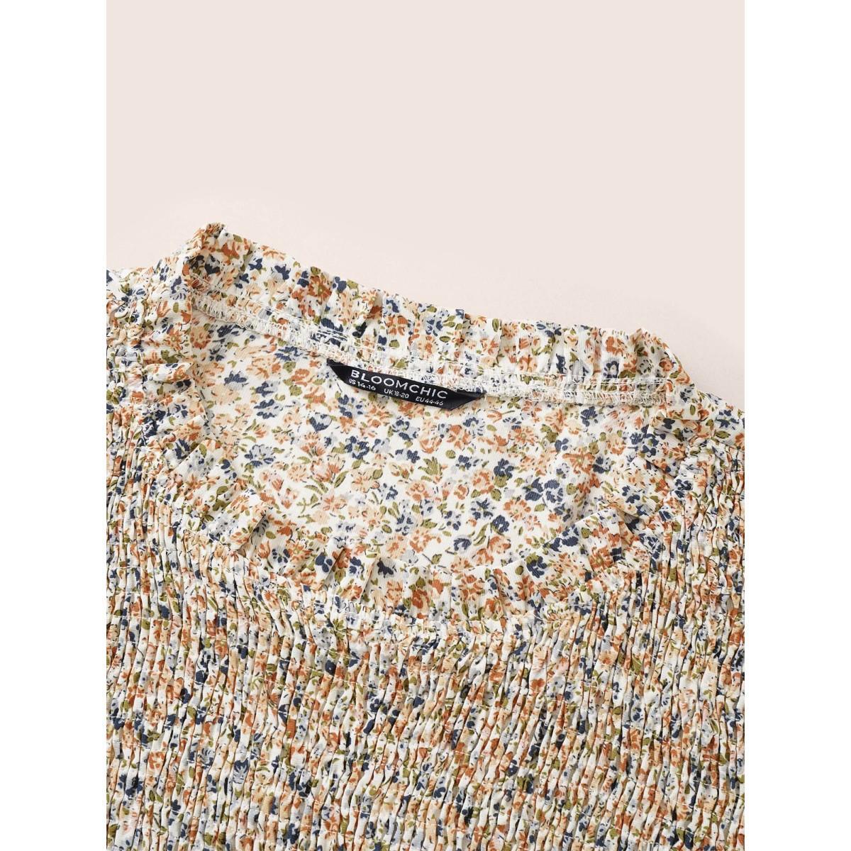 Plus Size Multicolor Ditsy Floral Shirred Elastic Waist Puff Sleeve Blouse Women Elegant Long Sleeve Round Neck Dailywear Blouses BloomChic 26/4X Product Image