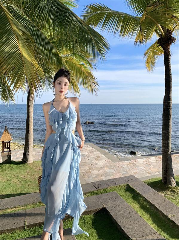 Halter Neck Plain Ruffle Trim Cutout Maxi Sun Dress Product Image