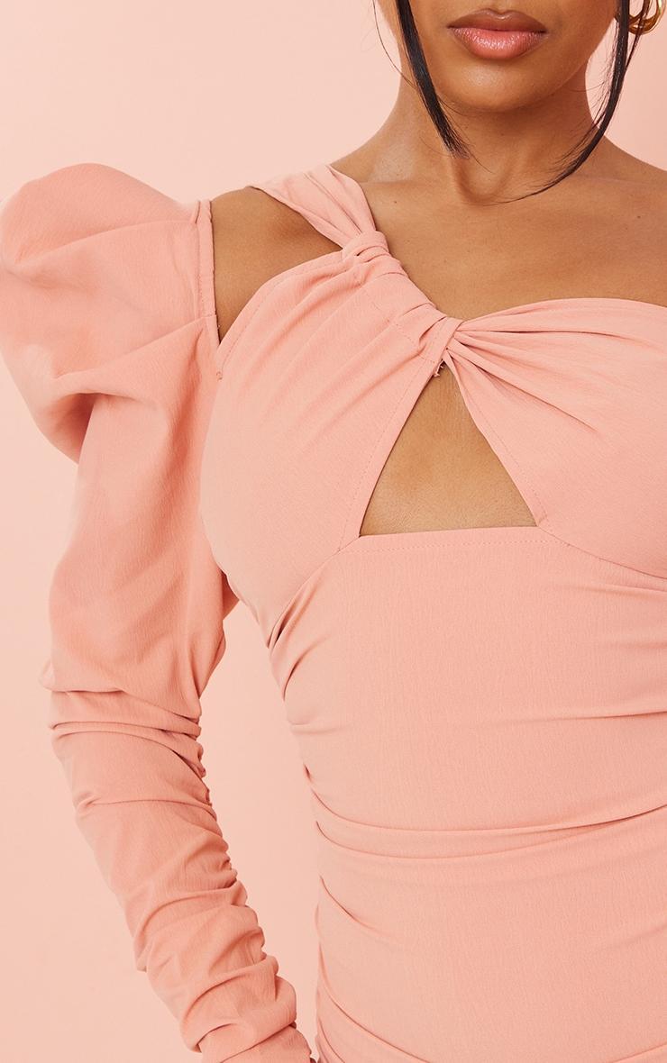 Peach Textured Asymmetric Strap Puff Ruched Sleeve Bodycon Dress Product Image