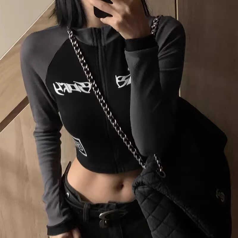 Long-Sleeve Mock Neck Half Zip Lettering Crop T-Shirt Product Image