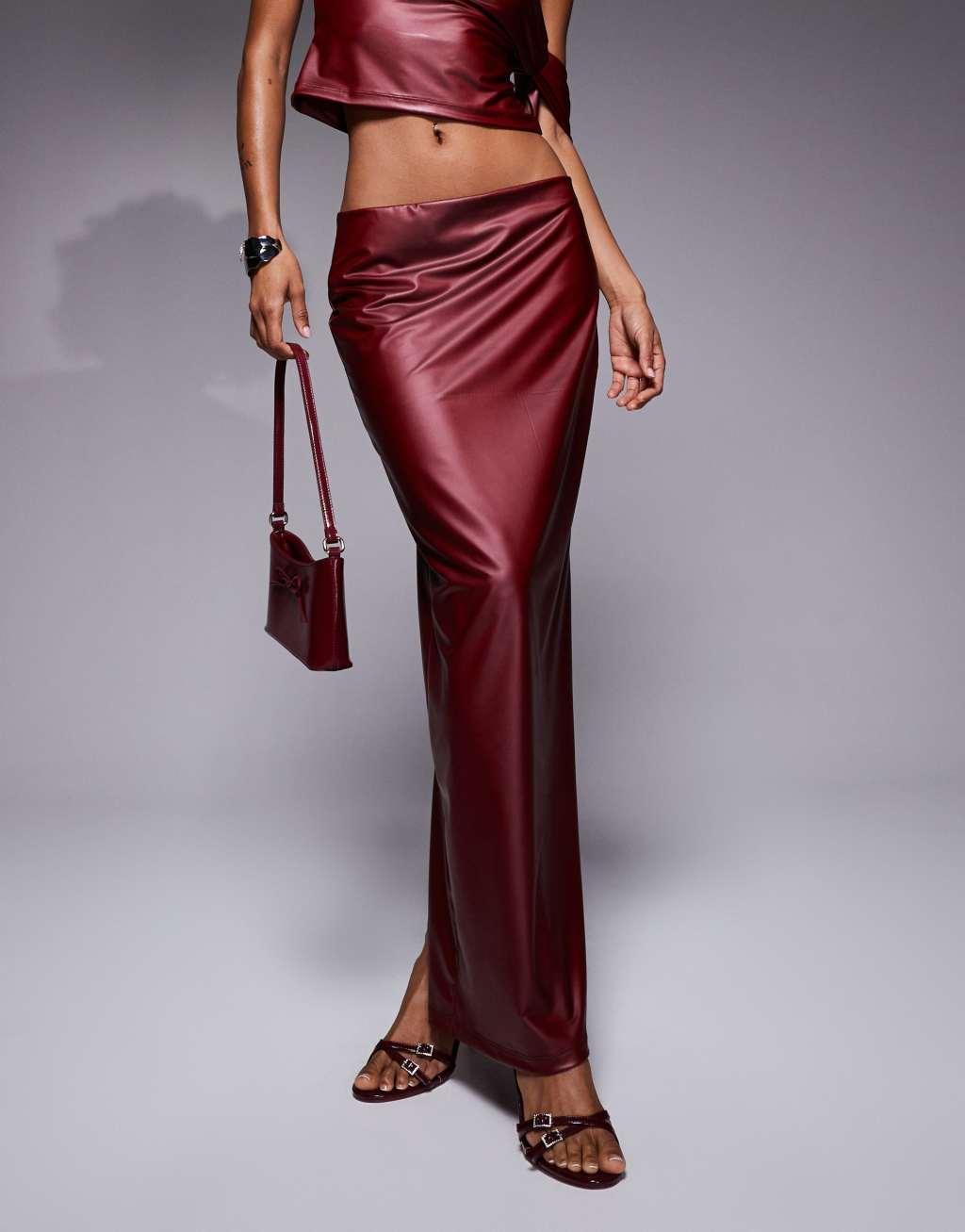 ASOS DESIGN wetlook midi skirt in burgundy Product Image
