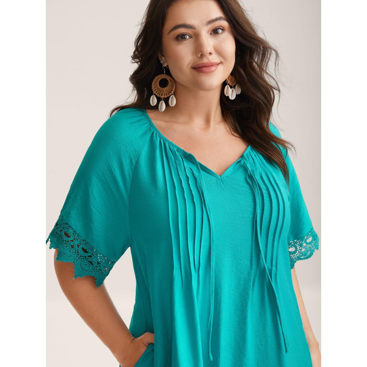 Plus Size Pleated Lace Trim Relaxed Midi Dress Arctic Women Notched collar Short sleeve Curvy BloomChic 22-24/3X Product Image