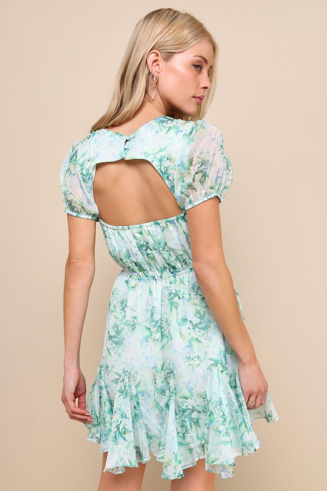 Adored Behavior Light Green Floral Cutout Puff Sleeve Mini Dress Product Image