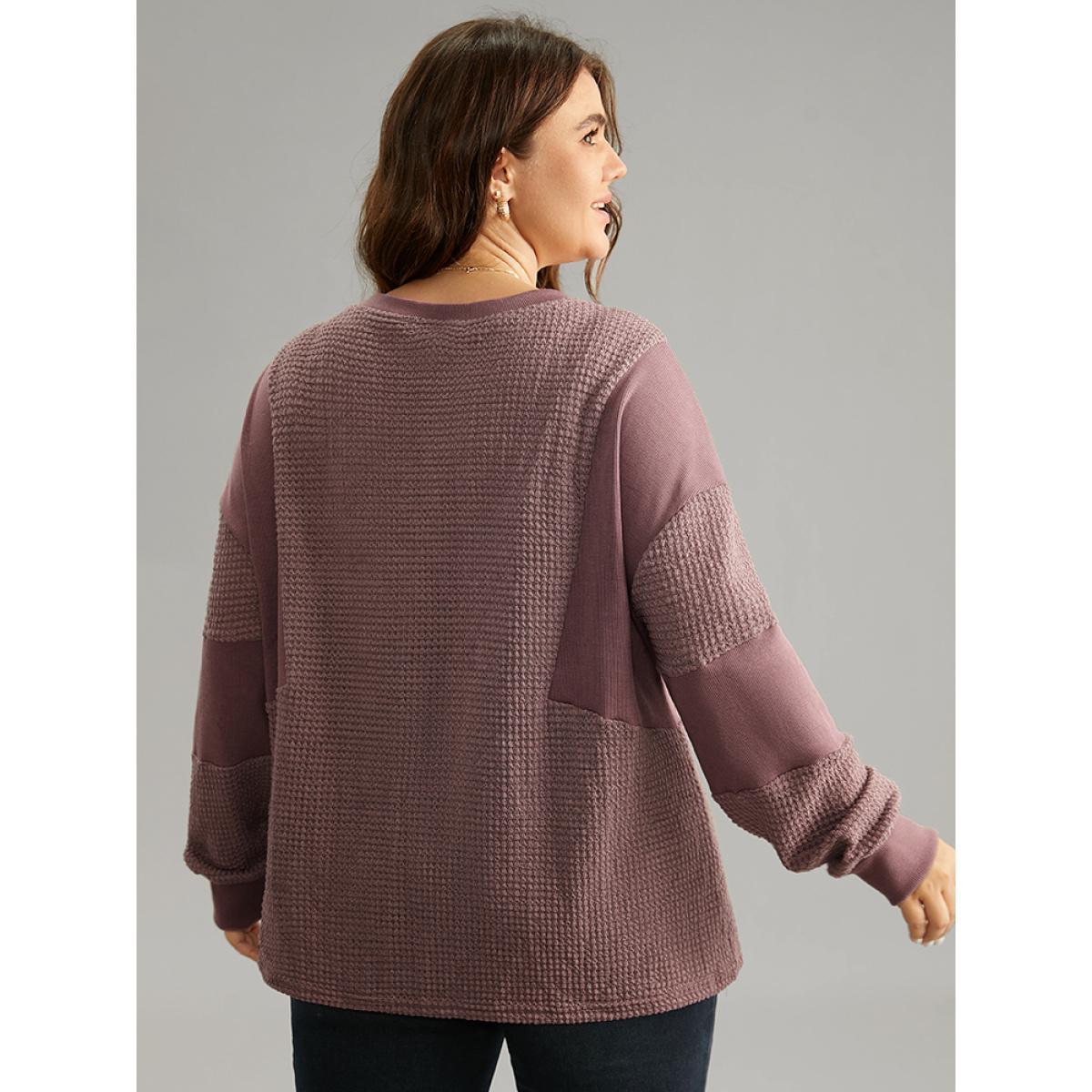 Plus Size Waffle Knit Patchwork Rib Knit Button Down Sweatshirt Women DustyPink Casual Rib Knit Open Front Dailywear Sweatshirts BloomChic 30/6X Product Image