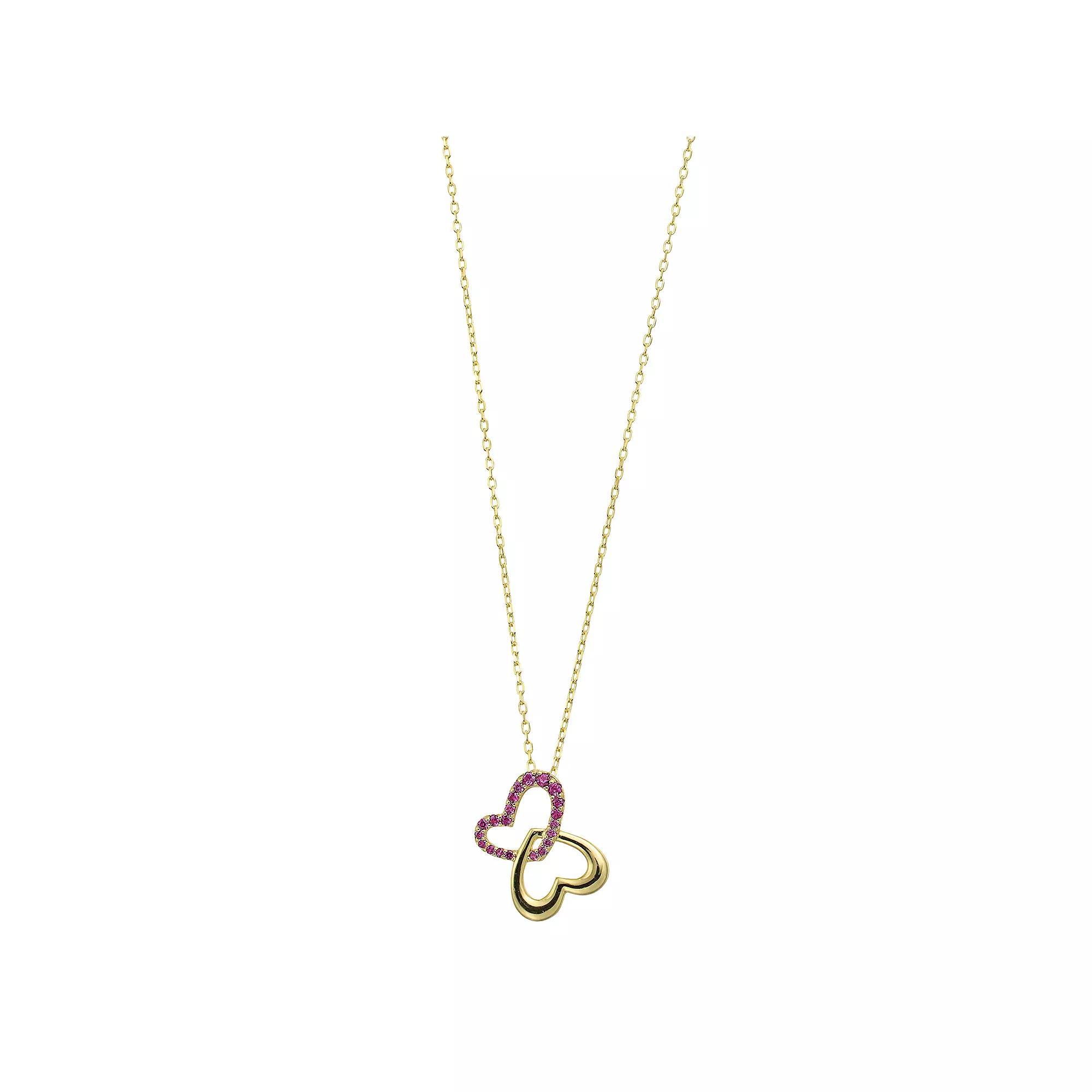 Sterling Silver Red Cubic Zirconia Double Heart Butterfly Pendant Necklace, Womens Gold Tone Product Image