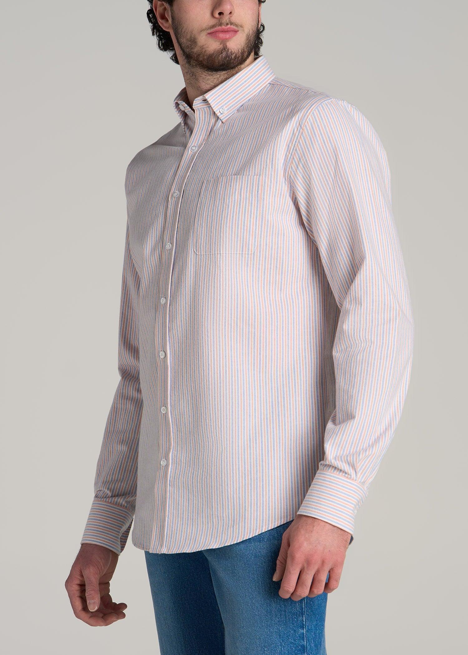 Washed Oxford Shirt for Tall Men in Apricot and Blue Multi Stripe Product Image