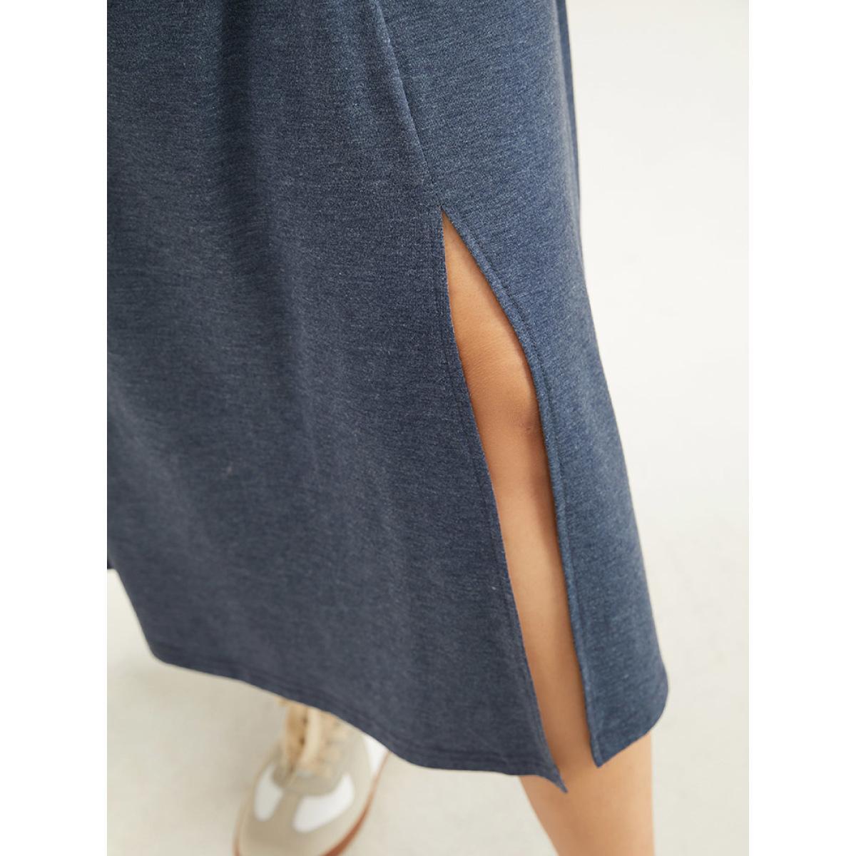 Plus Size Plain Crew Neck Twist Front Split Hem Dress Indigo Women Casual Plain Round Neck Long Sleeve Curvy Midi Dress BloomChic 28/5X Product Image