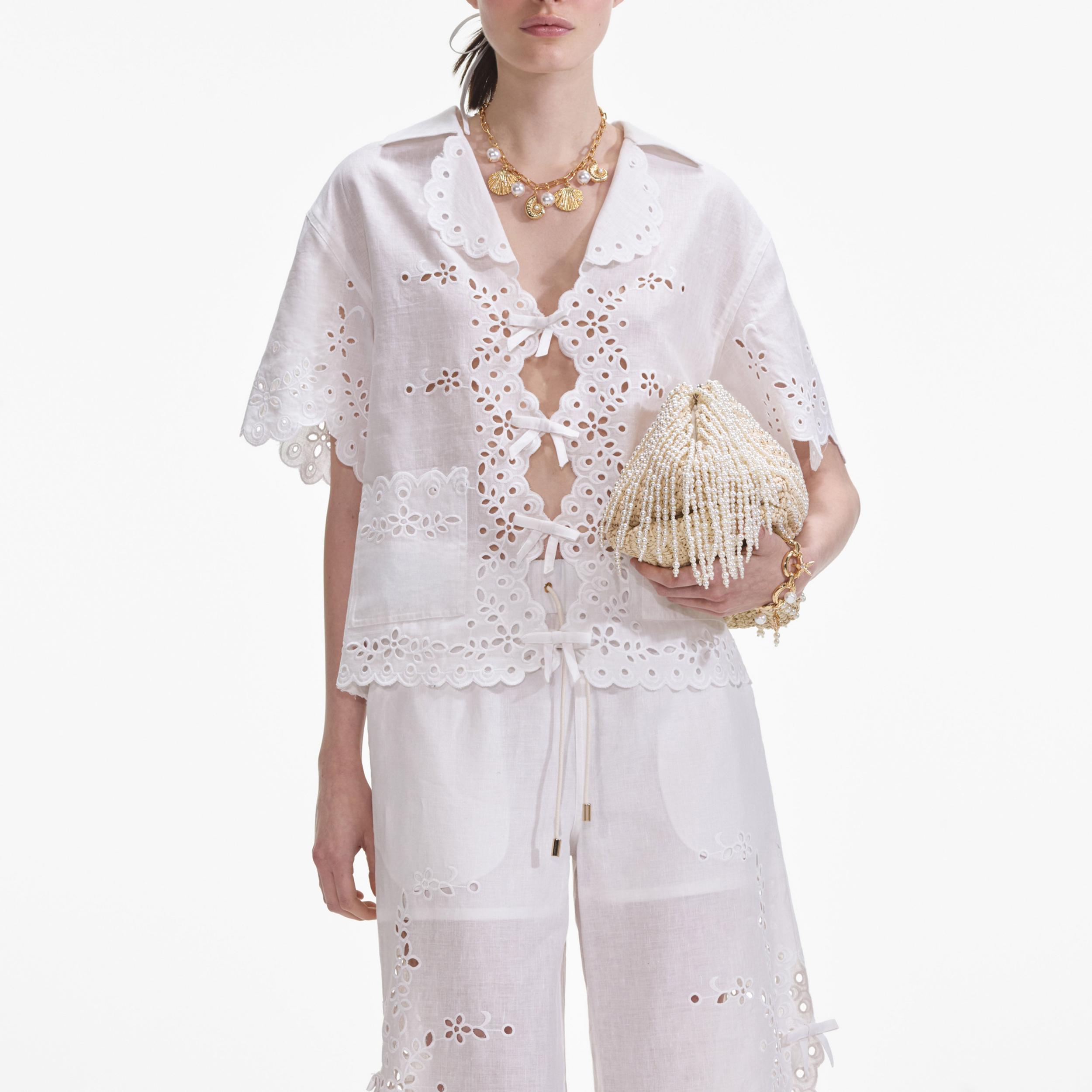 Cream Linen Embroidered Trousers Product Image
