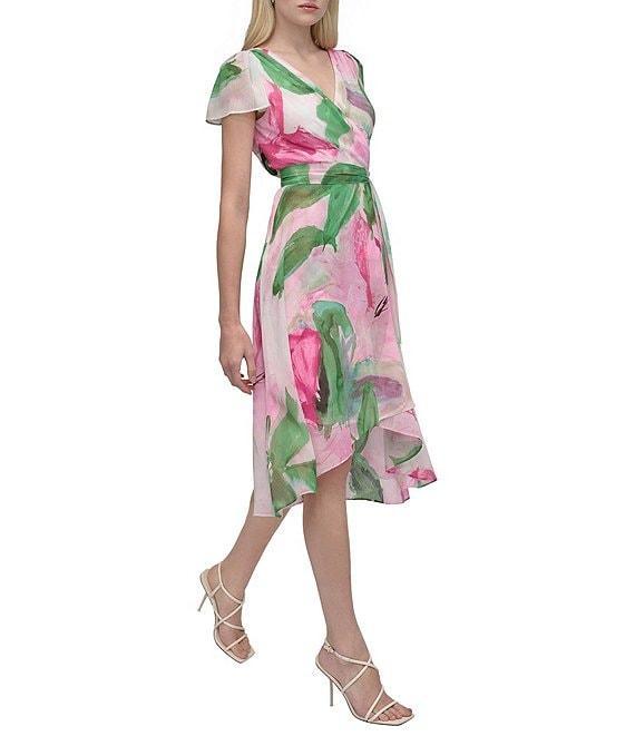 DKNY By Donna Karan Woven Floral Print V Neck Short Flutter Sleeve Wrap Dress Product Image