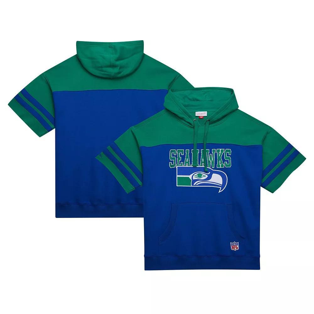Men's Mitchell & Ness Royal Seattle Seahawks  Off Field Vintage Logo Short Sleeve Pullover Hoodie, Size: 3XL, Blue Product Image