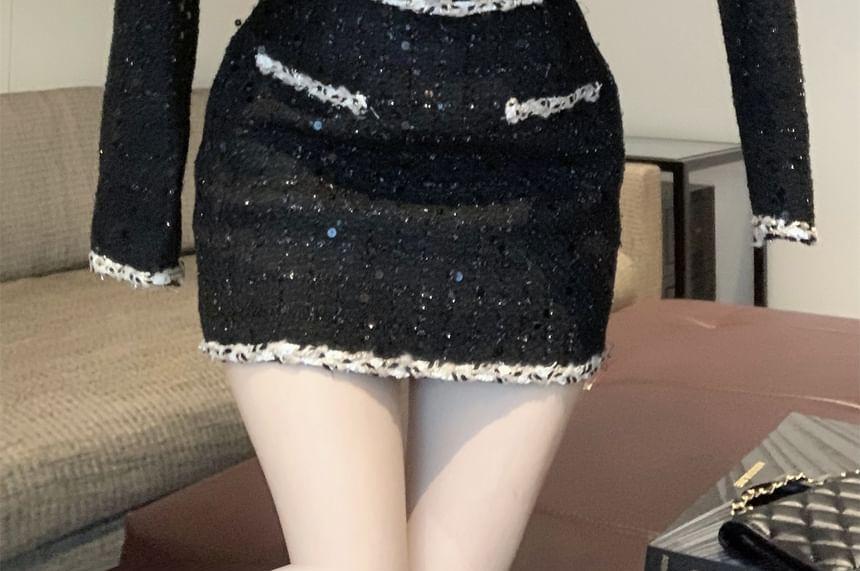 Tweed Open Front Jacket / Tube Top / High Waist Mini Pencil Skirt Product Image