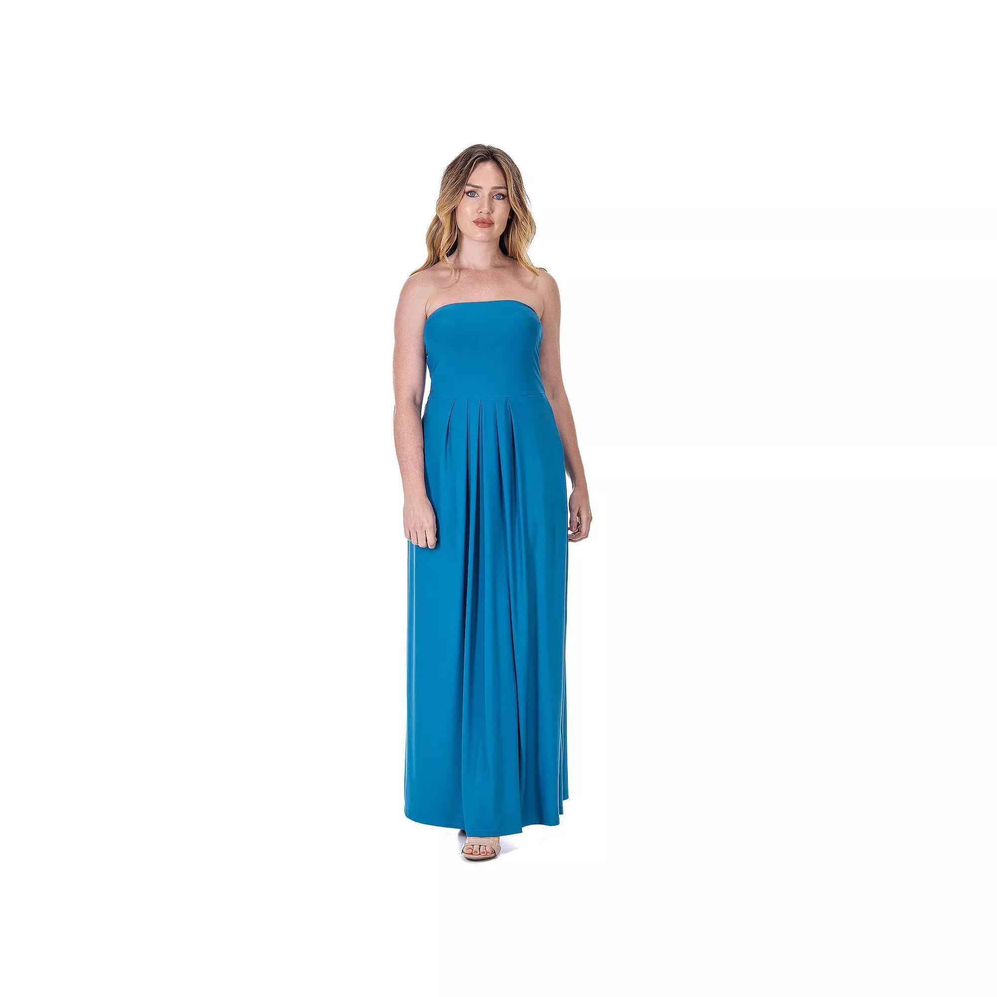 Women's 24Seven Comfort Apparel Pleated A Line Strapless Maxi Dress With Pockets, Size: Small, Blue Product Image