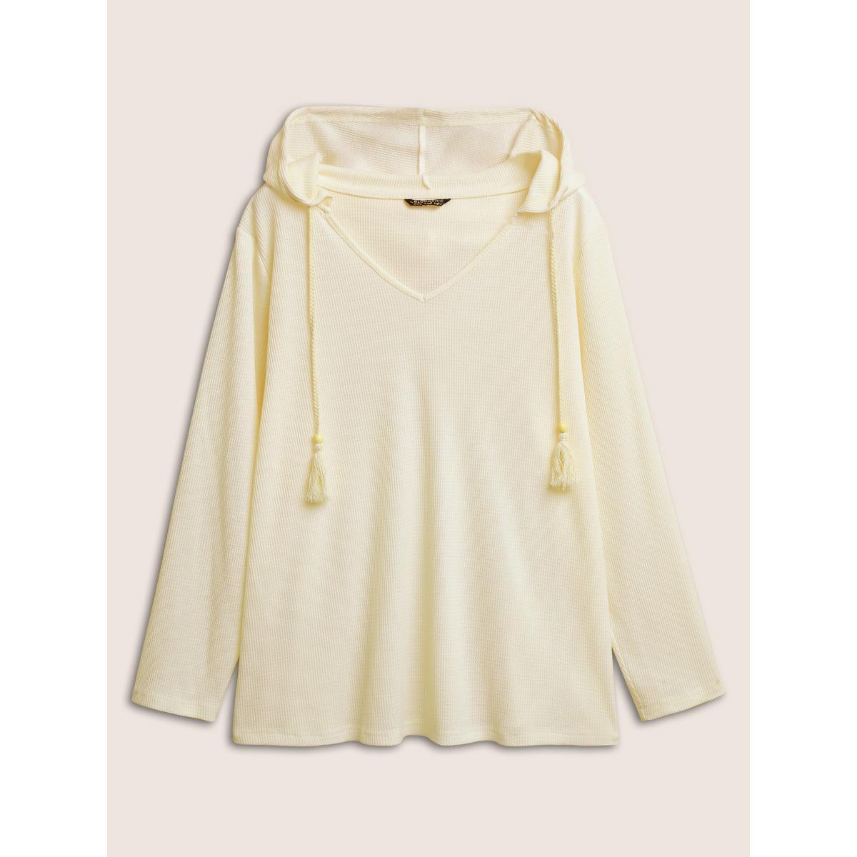 Plus Size Plain Waffle Knit Tassel Trim Hooded Sweatshirt Women Beige Casual Tassels V-neck Everyday Sweatshirts BloomChic 18-20/2X Product Image