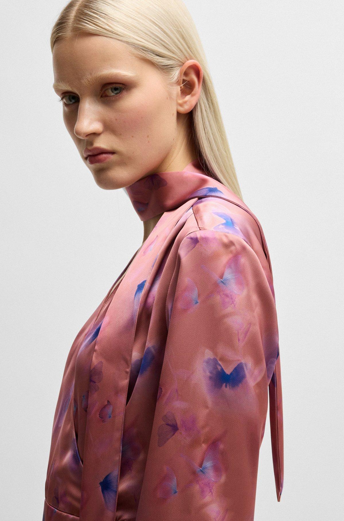 Wrap-front dress with butterfly print and button cuffs Product Image