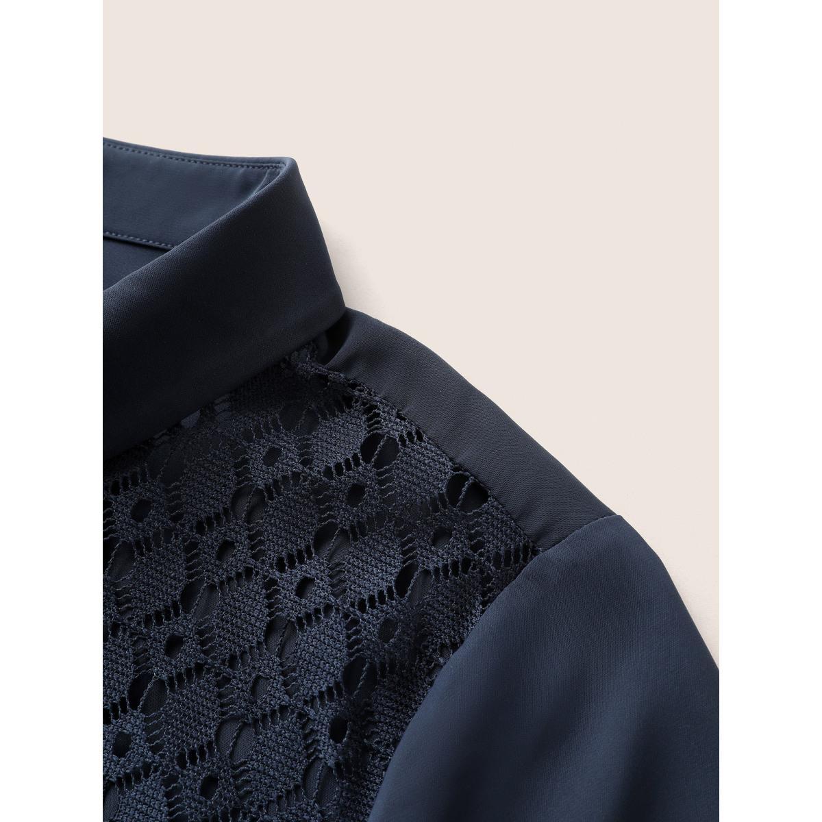 Plus Size Plain Lace Patchwork Belted Cuffed Sleeve Dress DarkBlue Women At the Office Non Shirt collar Short sleeve Curvy Midi Dress BloomChic 22-24/3X Product Image