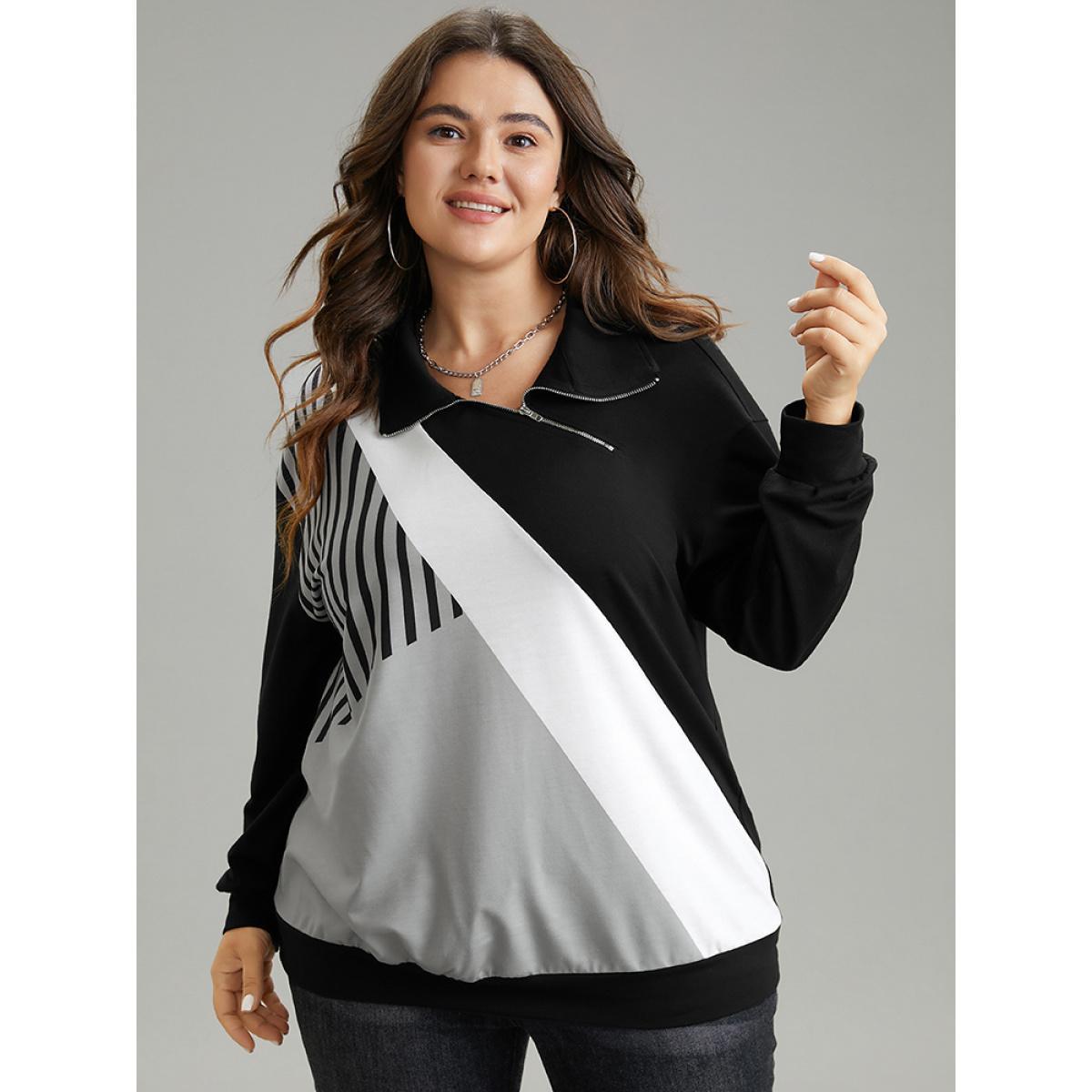 Plus Size Zipper Striped Contrast Polo Neck Sweatshirt Women Black Casual Contrast Polo Dailywear Sweatshirts BloomChic 28/5X Product Image