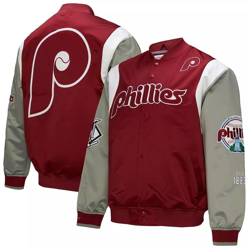 Men's Mitchell & Ness Burgundy/Gray Philadelphia Phillies Cooperstown Collection Team Origins Satin Full-Snap Jacket, Size: Large, Med Re Product Image