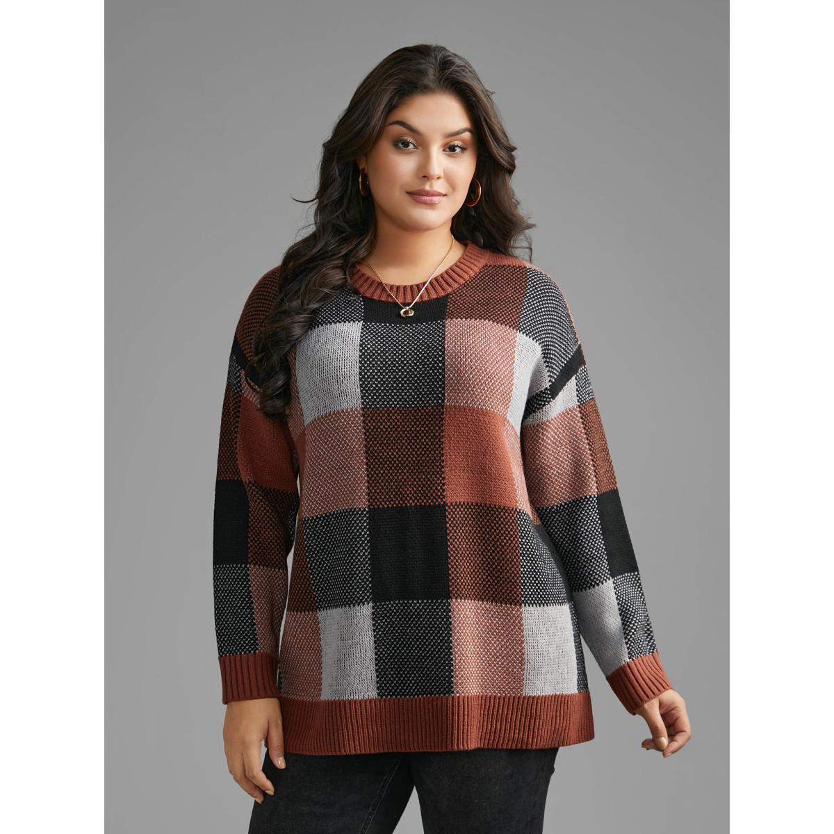 Plus Size Plaid Contrast Slit Hem Pullover Yellowishbrown Women Casual Loose Long Sleeve Round Neck Everyday Pullovers BloomChic 22-24/3X Product Image
