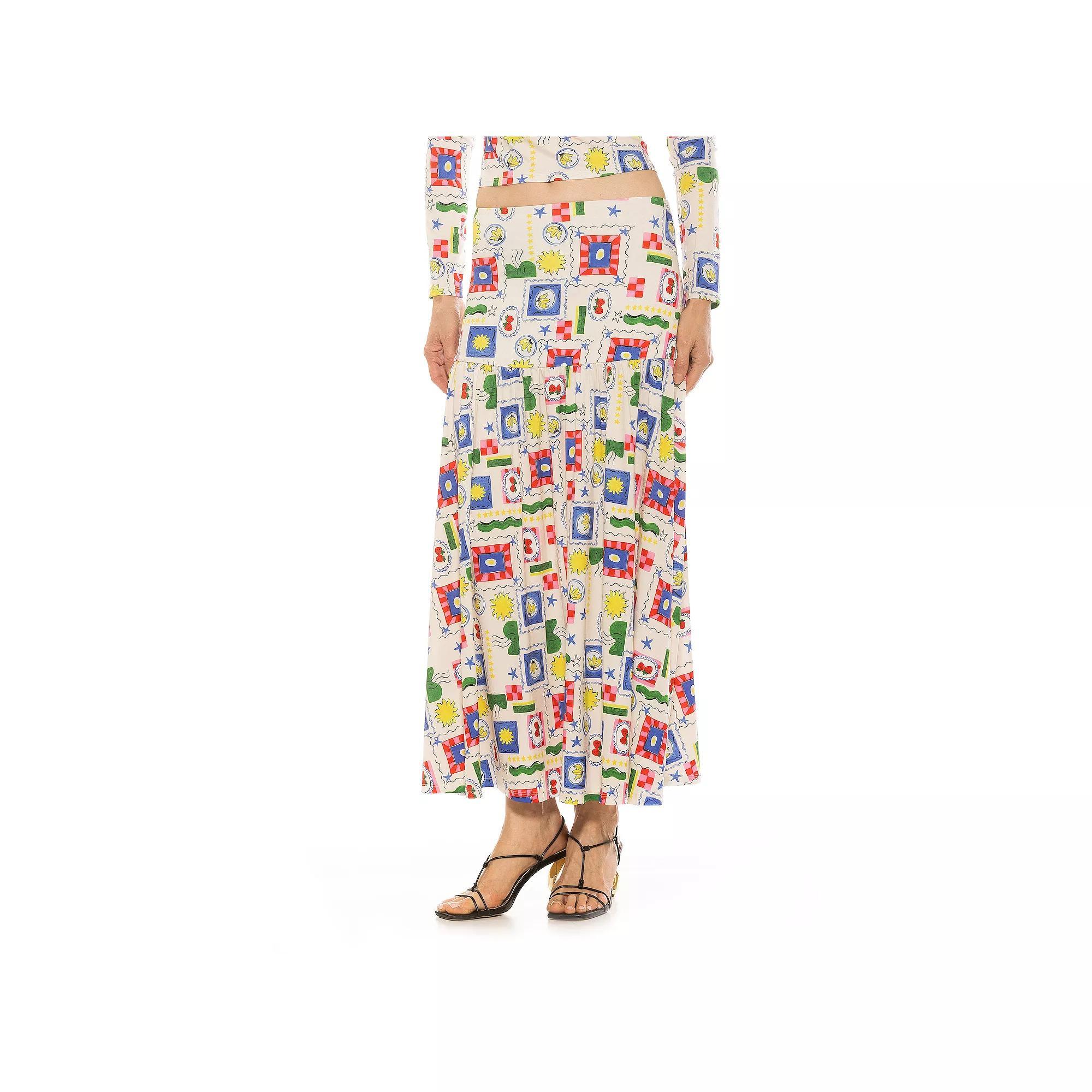 Women's ALEXIA ADMOR Lia Shirred Maxi Skirt, Size: Small, Ivory Stamps Product Image