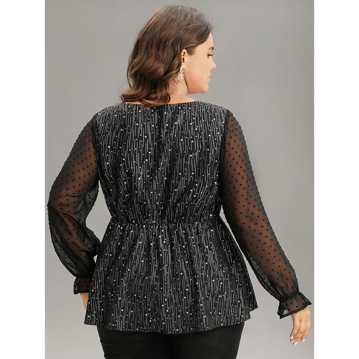 Plus Size Black Plain Textured Glitter Patchwork Square Neck Blouse Women Glamour Long Sleeve Square Neck Party Blouses BloomChic 14-16/1X Product Image