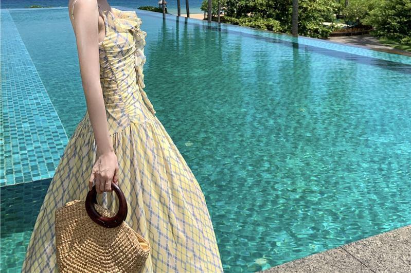 Spaghetti Strap Geometric Print Ruffle Maxi A-Line Dress Product Image