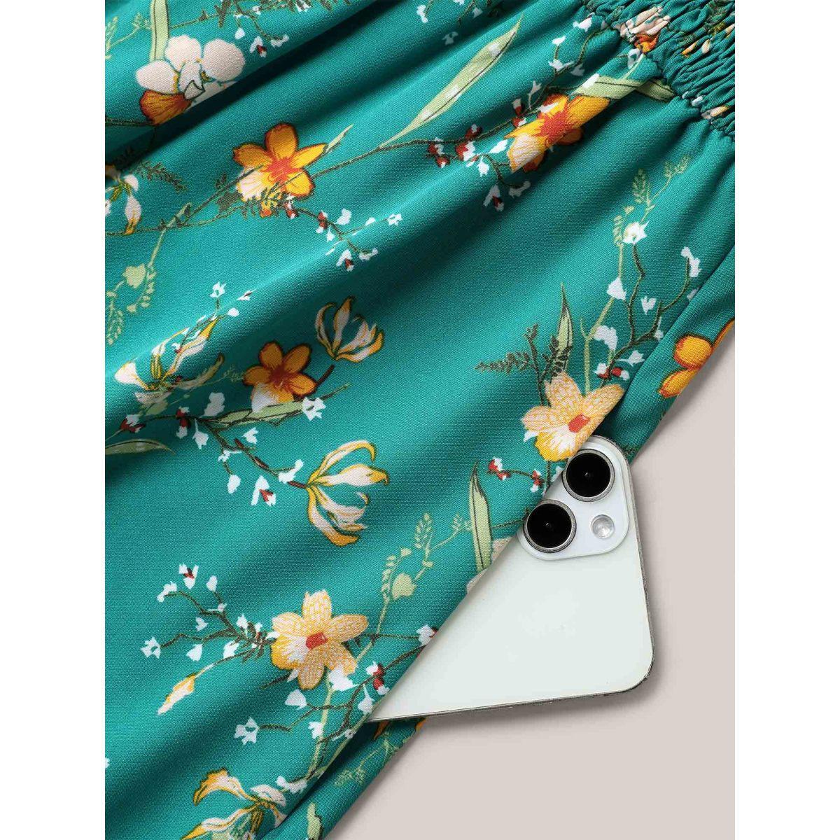 Plus Size Shirred Printed Flutter Sleeve Pockets Maxi Dress Teal Women Elegant Shirred V-neck Cap Sleeve Curvy BloomChic 26/4X Product Image