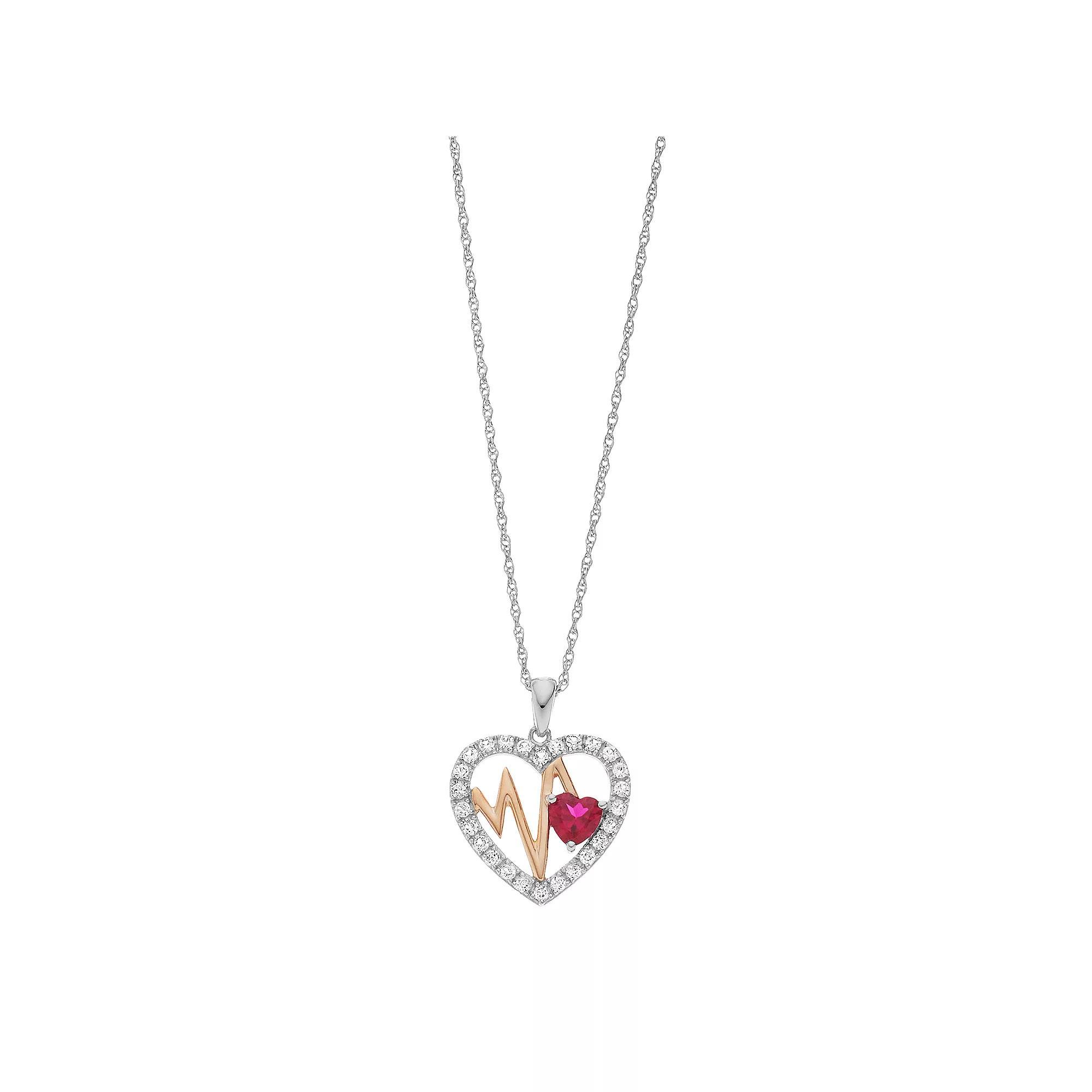 Two Tone Sterling Silver Lab-Created Ruby & Lab-Created Sapphire Heartbeat Heart Pendant, Women's, Size: 18" Product Image