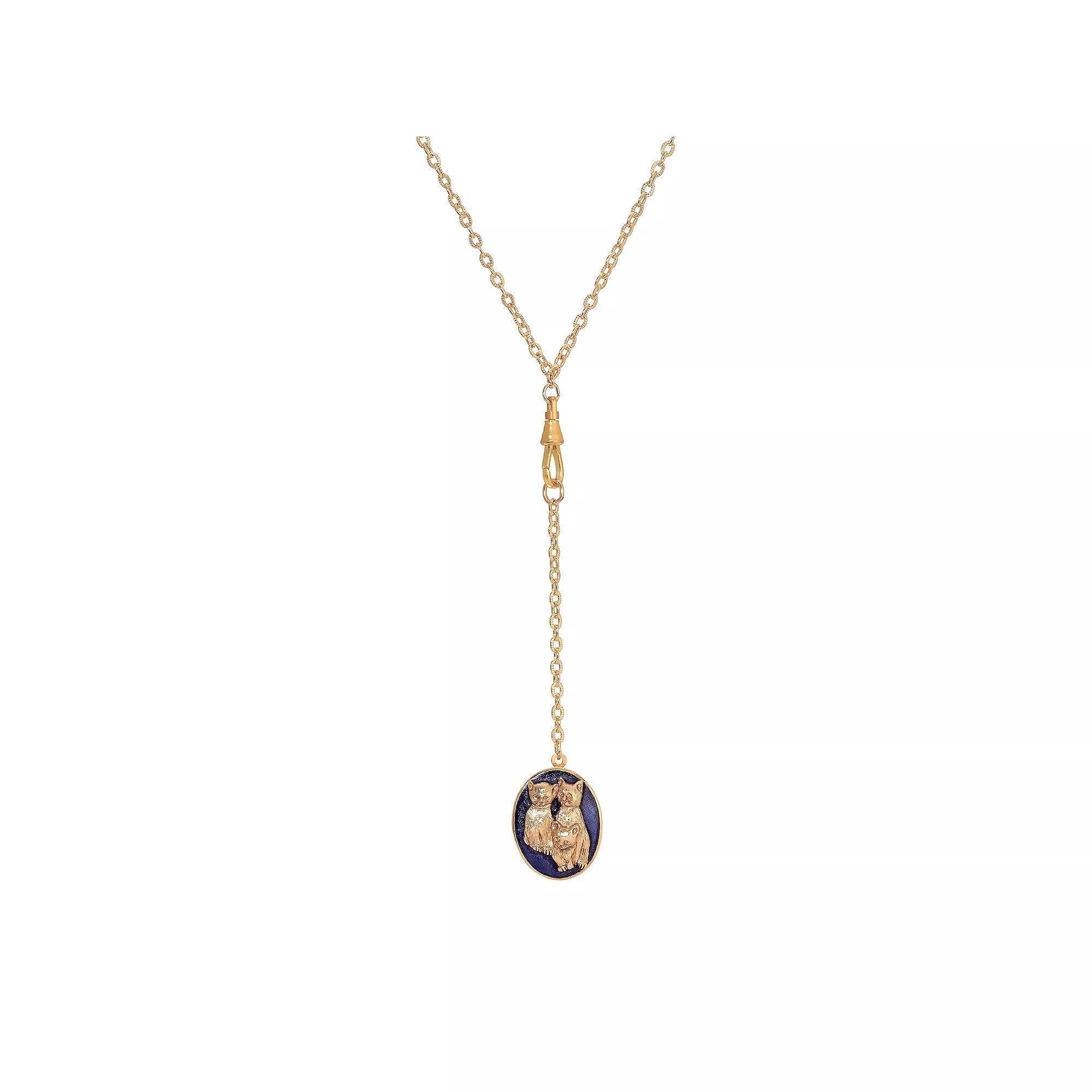 1928 Enamel Cat Locket Necklace, Womens, Blue Gold Product Image