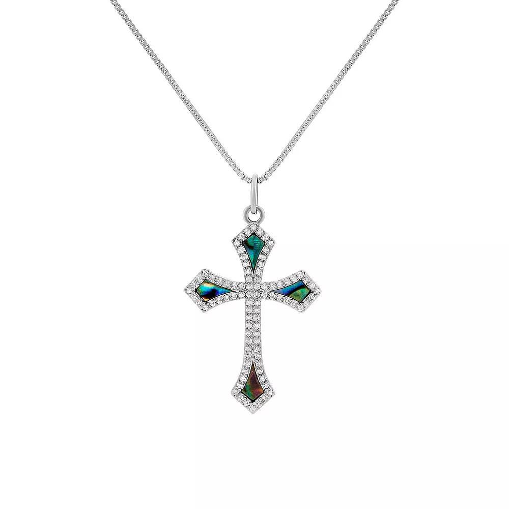 PRIMROSE Fine Silver Plated Abalone & Cubic Zirconia Cross Necklace, Women's, Size: 18", Silver Tone Blue Product Image