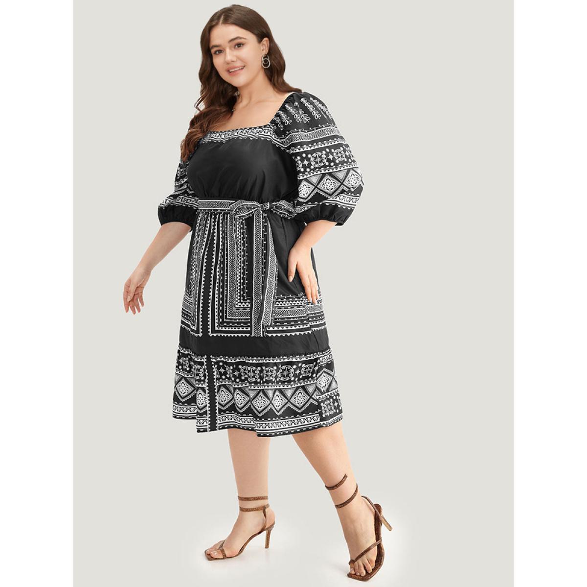 Plus Size Boho Print Square Neck Belted Dress Black Women Vacation Elastic cuffs Square Neck Elbow-length sleeve Curvy Midi Dress BloomChic 18-20/2X Product Image