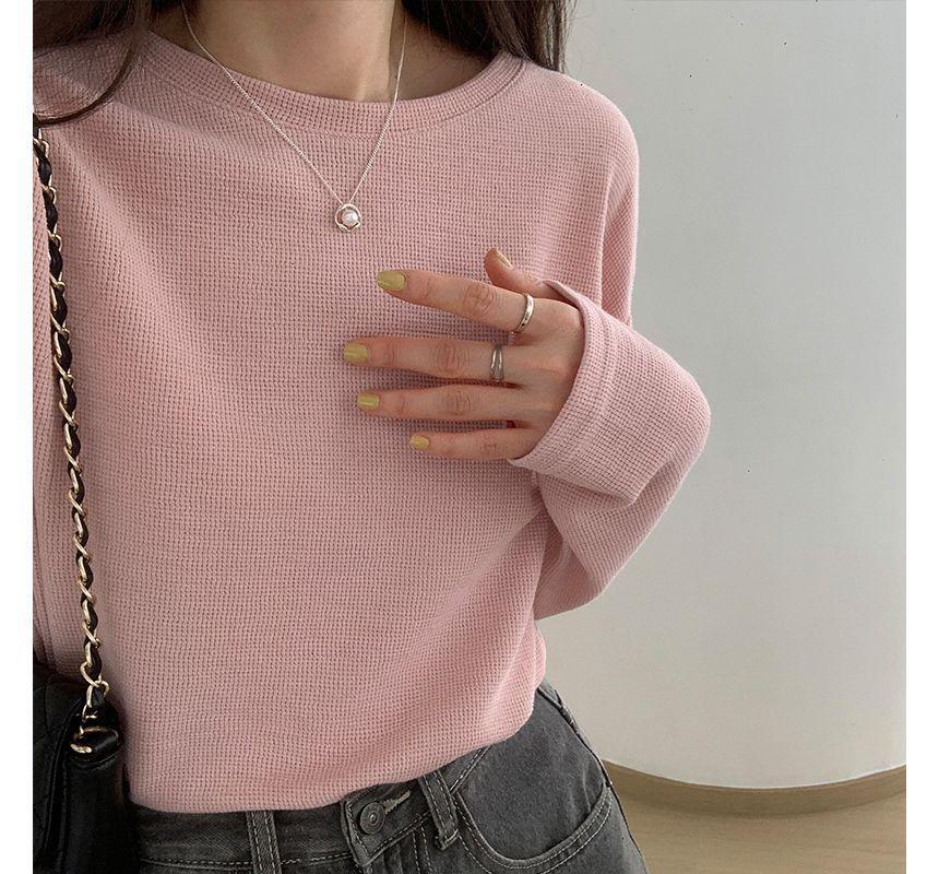Long-Sleeve Round Neck Plain Waffle Tee Product Image
