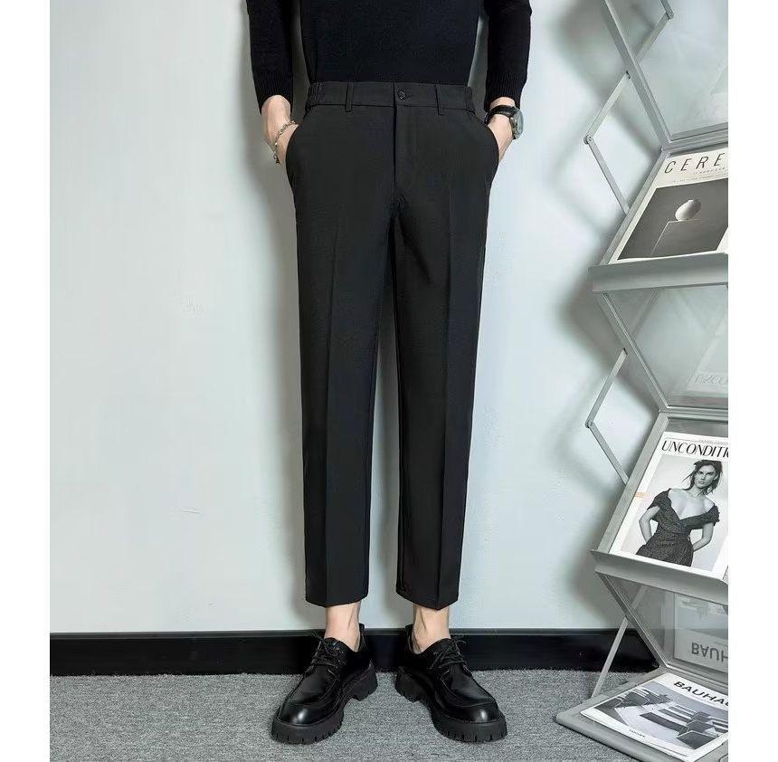 Mid Rise Plain Cropped Tapered Dress Pants Product Image