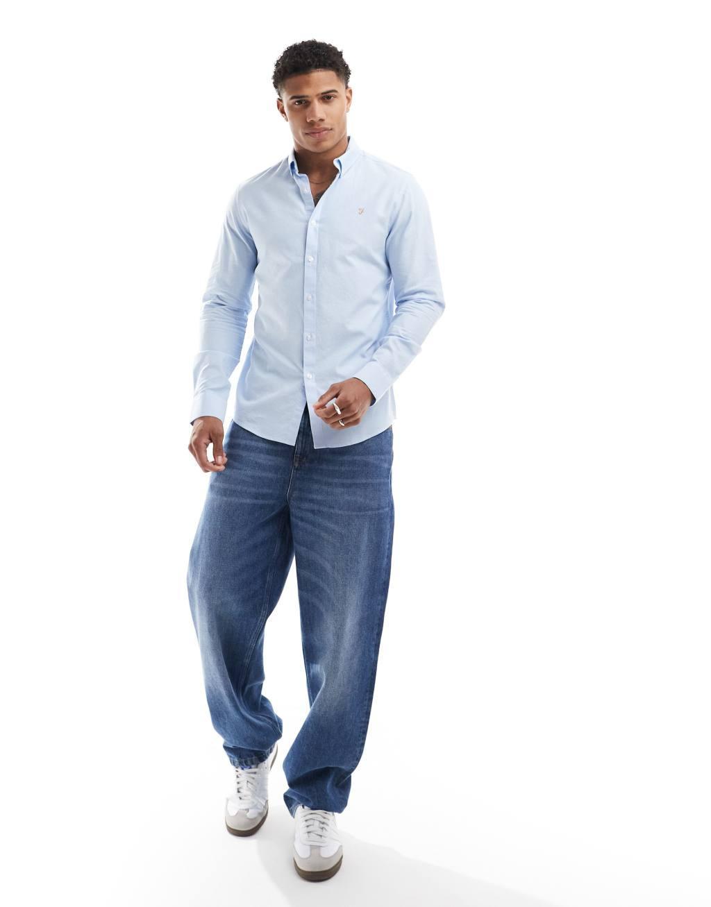 Farah Brewer slim fit long sleeve shirt in light blue  Product Image