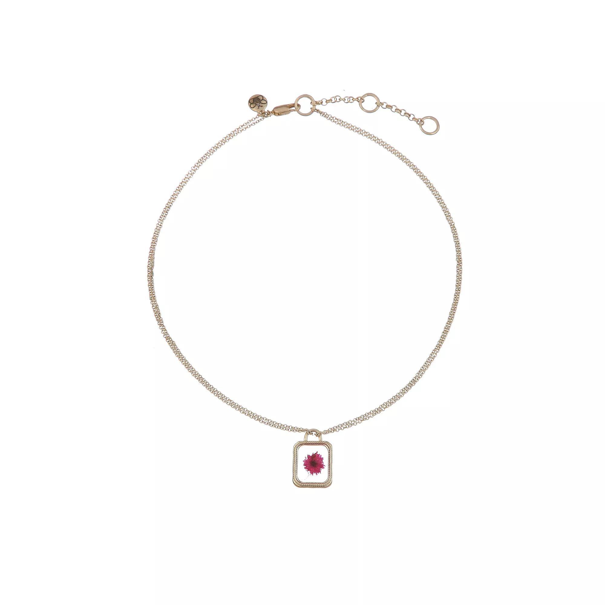 Bella Uno Worn Gold Pink Pressed Flower Padlock Double Chain Necklace, Women's, Size: 18+3", Gold Tone Product Image