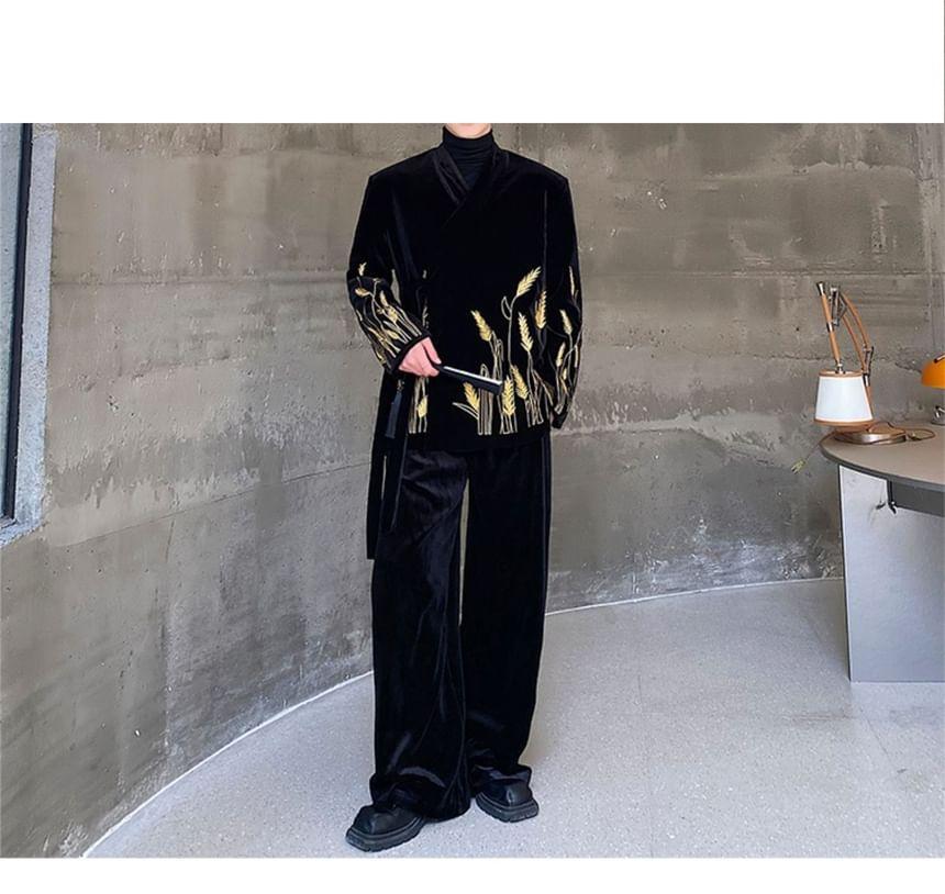 Set: Embroidered Velvet Tie Front Jacket + Mid Rise Wide Leg Dress Pants Product Image