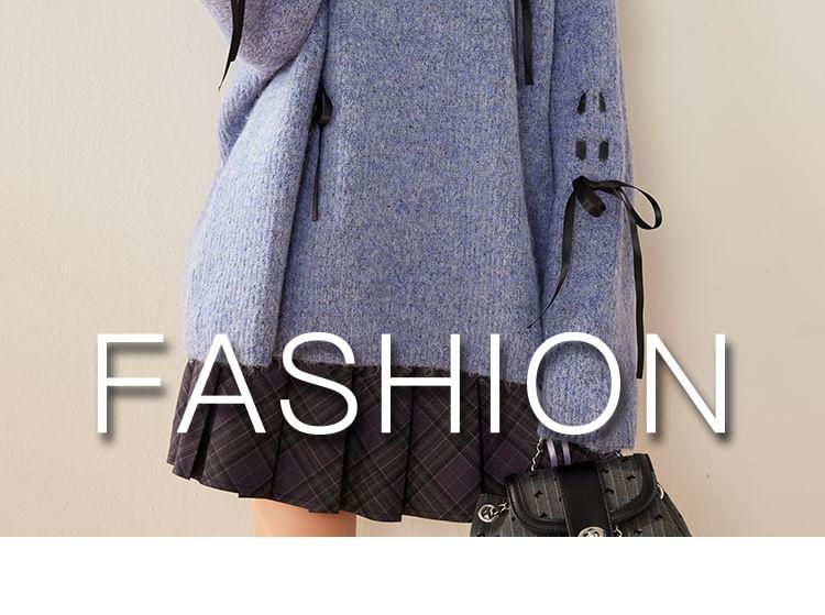 Round Neck Melange Bow Oversized Sweater Product Image