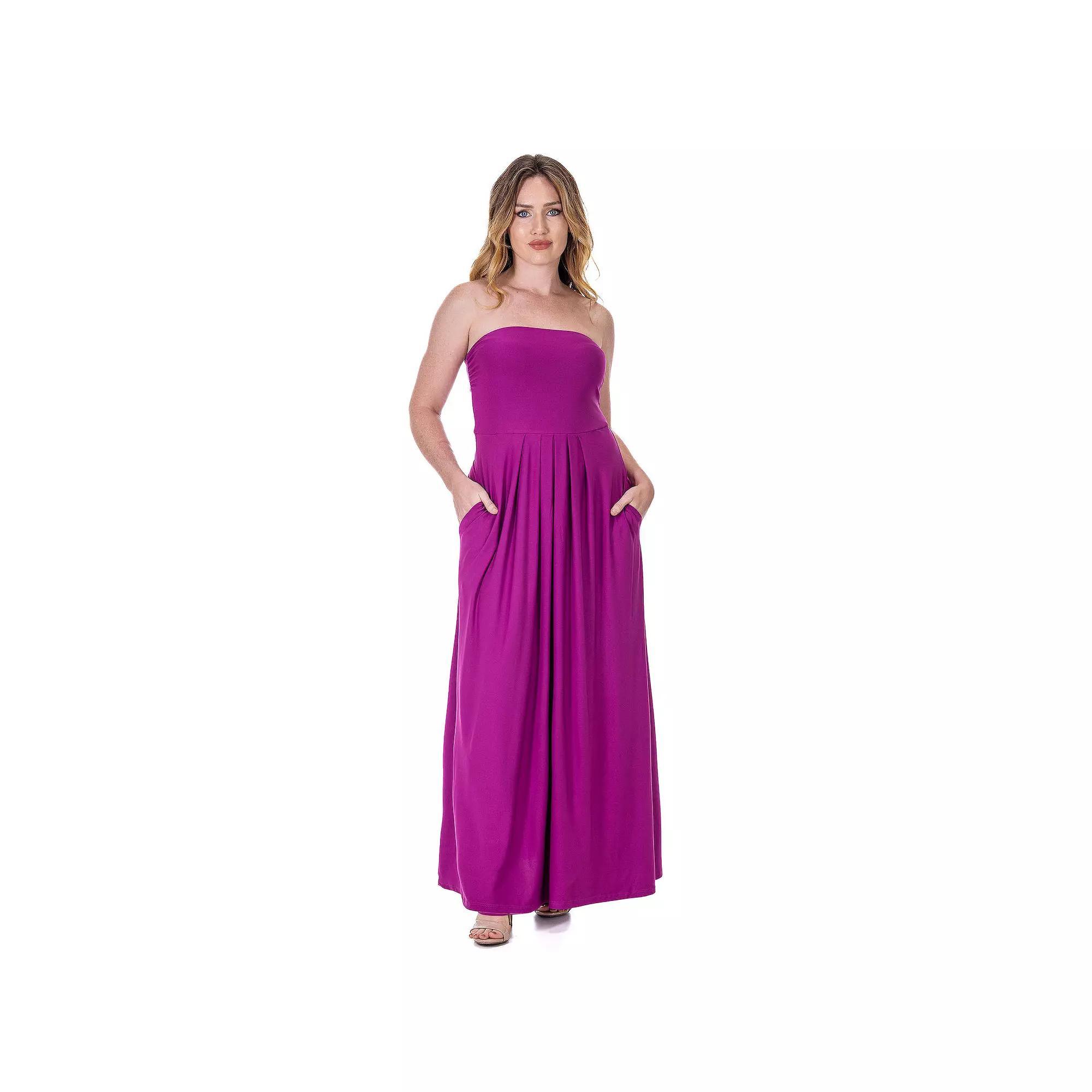 Women's 24Seven Comfort Apparel Pleated A Line Strapless Maxi Dress With Pockets, Size: Small, Blue Product Image