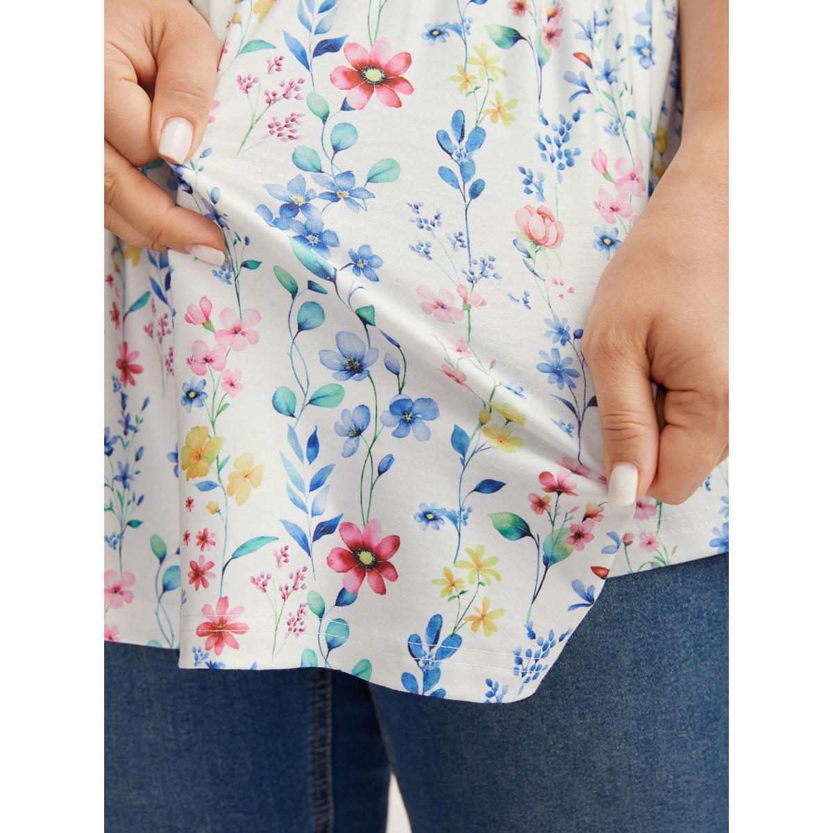 Plus Size Floral Print Stretchy Colorful Babydoll Top Women WhiteSmoke Gathered Round Neck Everyday-Casual Tank Tops Camis BloomChic 10/M Product Image