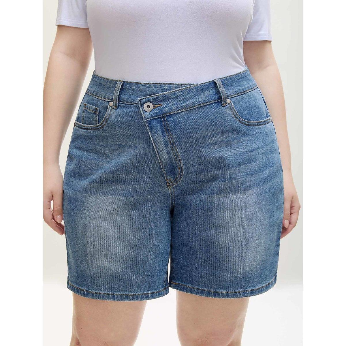 Plus Size Overlap Whiskered Wash Straight Denim Shorts Women Denimblue No stretch Everyday Slanted pocket Casual Denim Shorts BloomChic 20/2X Product Image