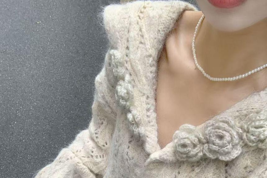Sailor Collar Plain Floral Detail Cardigan Product Image
