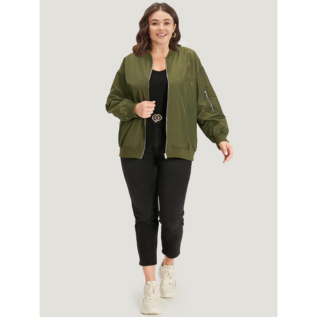 Plus Size Plain Zipper Pocket Elastic Cuffs Jacket Women ArmyGreen Plain Pocket Dailywear Jackets BloomChic 10/M Product Image