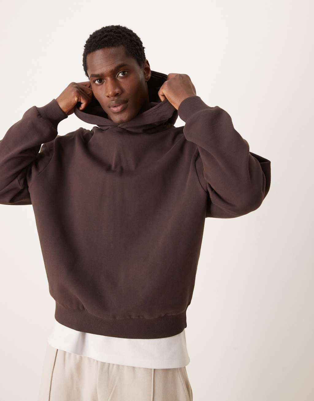 ASOS DESIGN oversized boxy hoodie with back print in brown Product Image