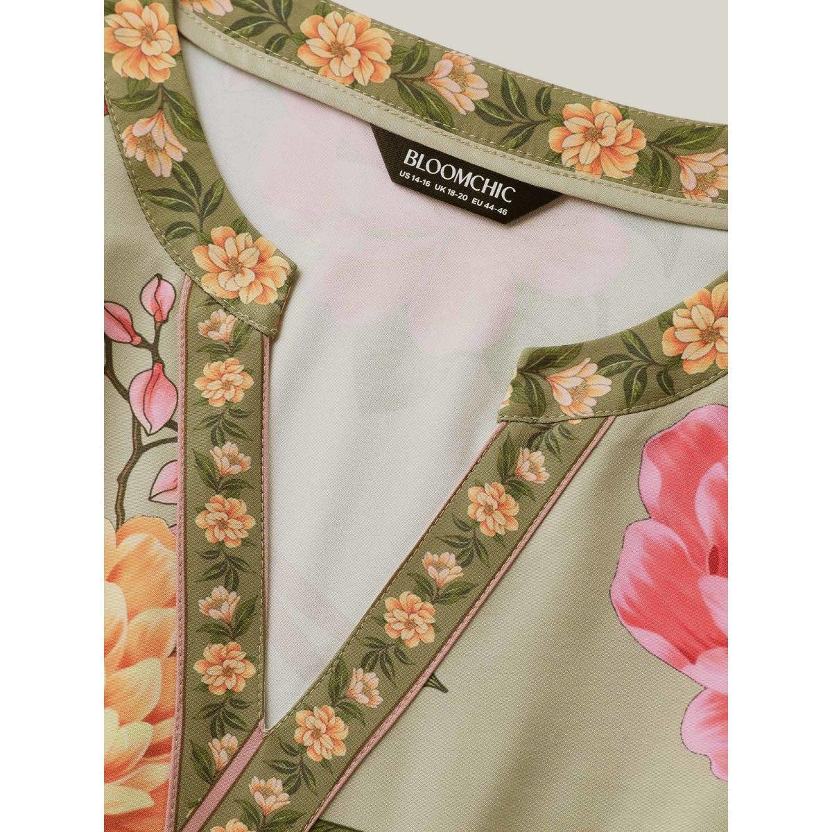 Plus Size Floral Contrast Hem Split Neck Midi Dress Sage Women Flat collar with V-notch Short sleeve Curvy BloomChic 28/5X Product Image