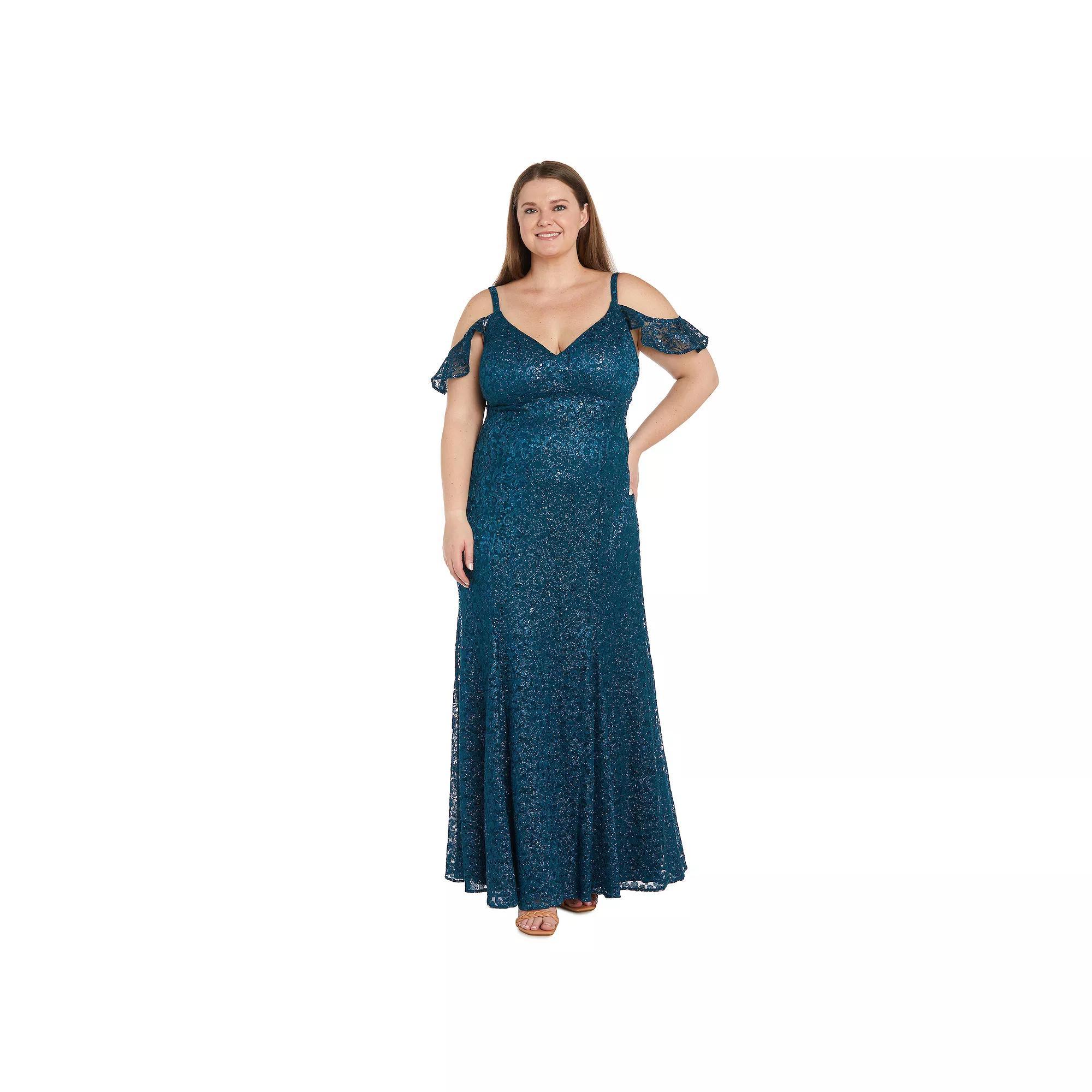 Plus Size R&M Richards Long Sequin Flutter Sleeve Lace Dress, Women's, Size: 14 W, Peacock Product Image