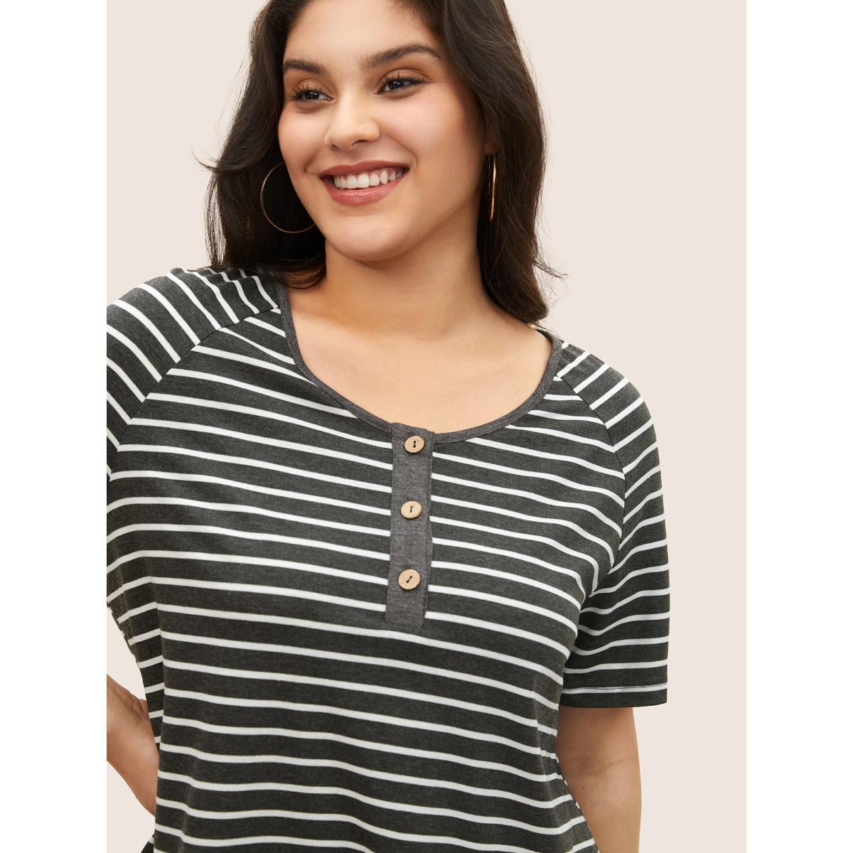 Plus Size Striped Button Up Raglan Sleeve T-shirt Gray Women Casual Contrast Striped Round Neck Everyday T-shirts BloomChic 28/5X Product Image