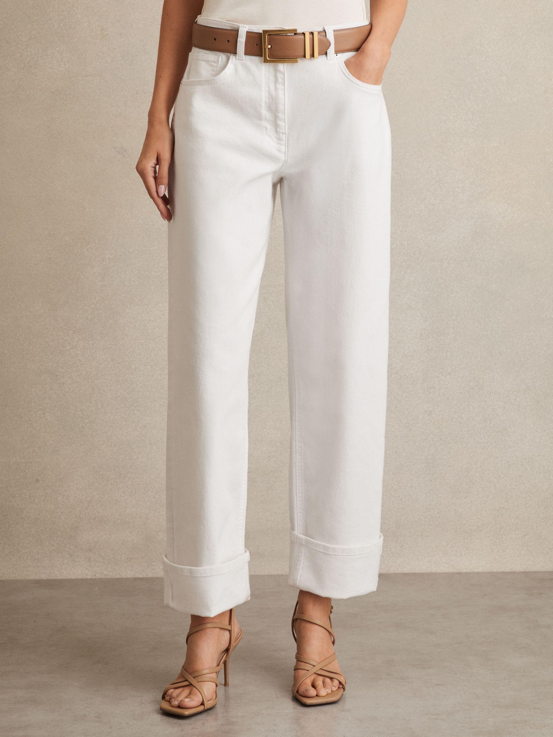 Petite Straight Leg Turn Up Jeans in White Product Image