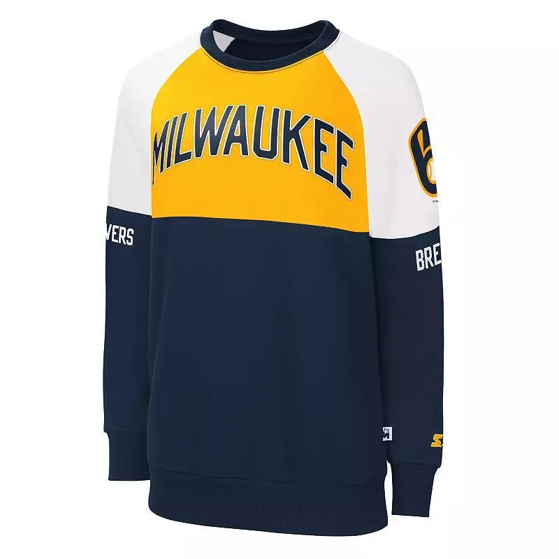 Women's Starter Navy/Gold Milwaukee Brewers Baseline Raglan Pullover Sweatshirt, Size: XS, Blue Product Image